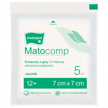 Matocomp Kompresy jałowe z gazy 17-nitkowej, 12-warstwowe, 7 cm x 7 cm, 5 sztuk