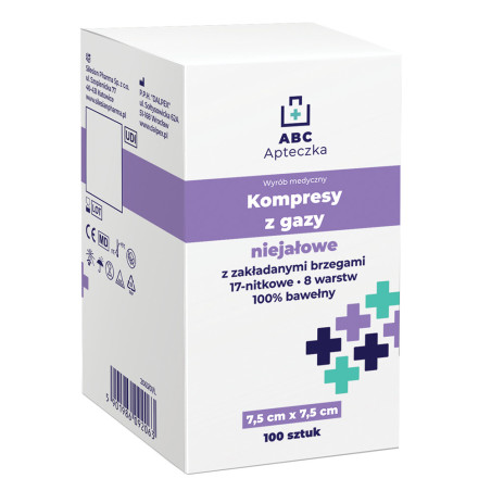 Apteczka ABC Kompresy niejałowe z gazy 17-nitkowej, 7,5 cm x 7,5 cm, 100 sztuk