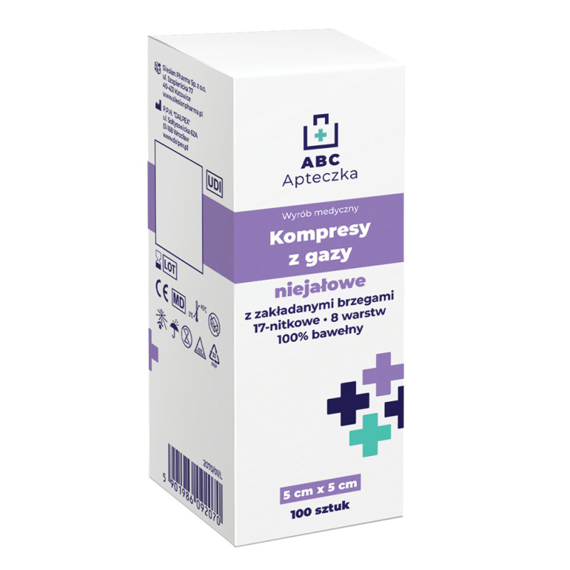 Apteczka ABC Kompresy niejałowe z gazy 17-nitkowej, 5 cm x 5 cm, 100 sztuk