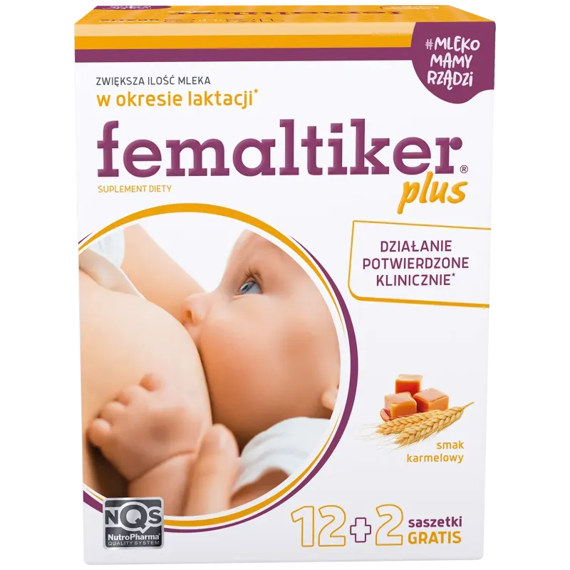 Femaltiker Plus o smaku karmelowym, 12 saszetek+ 2 saszetki gratis