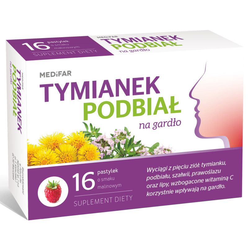 Tymianek Podbiał na gardło, smaku malinowy, 16 pastylek do ssania