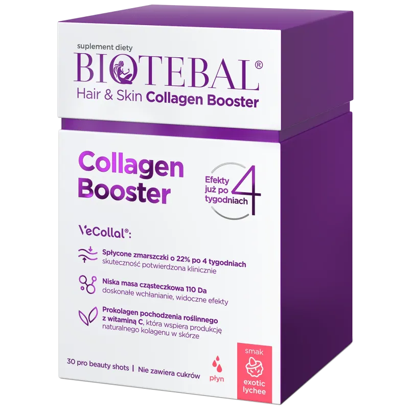 Biotebal Hair & Skin Collagen Booster, smak liczi, 30 saszetek po 25 ml