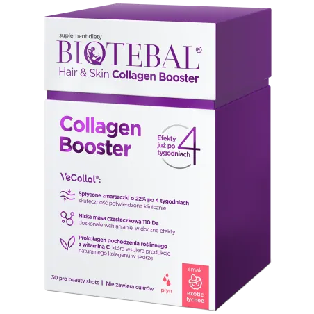 Biotebal Hair & Skin Collagen Booster, smak liczi, 30 saszetek po 25 ml
